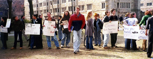 Panorama of students protesting OSA's presence on Yale campus